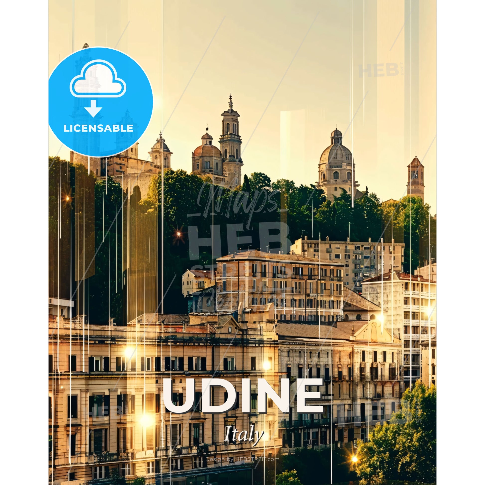 Udine City Skyline Poster Art with Sparkling Lights - A city with many buildings and trees - Square format print template