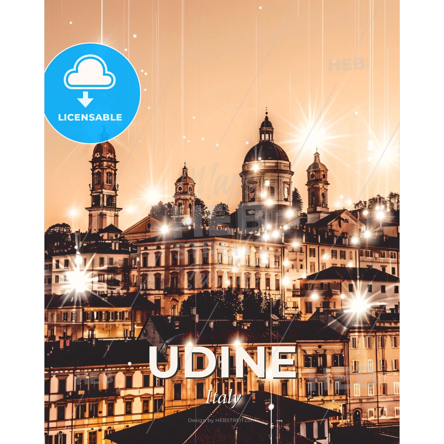 Udine Historic Skyline Pastel Art - A city with many lights - Square format print template