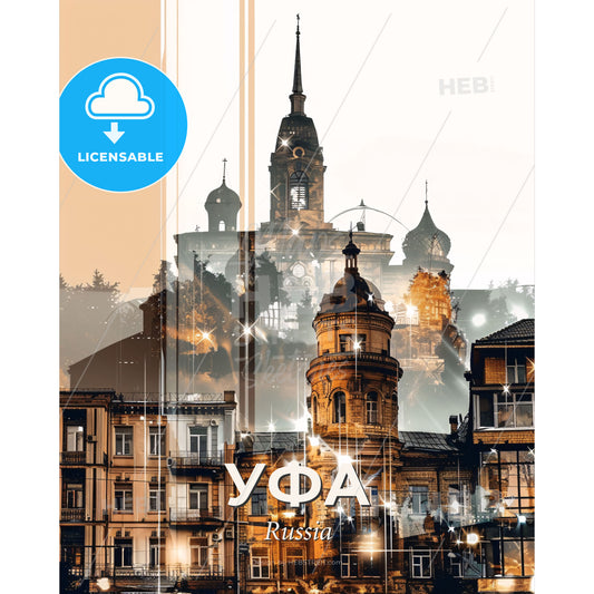 Ufa City Icons Panorama Art Poster - A group of buildings with a clock tower - Square format print template