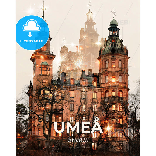 Umeå Skyline Cityscape Composite Art - A building with many towers and lights - Square format print template