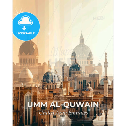 Umm al-Quwain Cityscape Art Poster - A city with many domes and a body of water - Square format print template