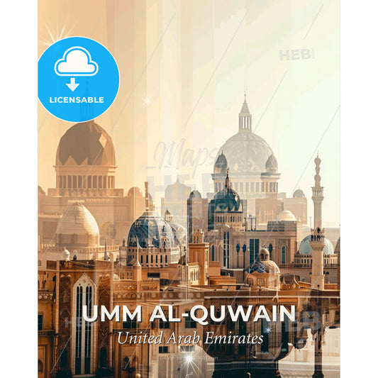 Umm al-Quwain Cityscape Art Poster - A city with many domes and a body of water - Square format print template