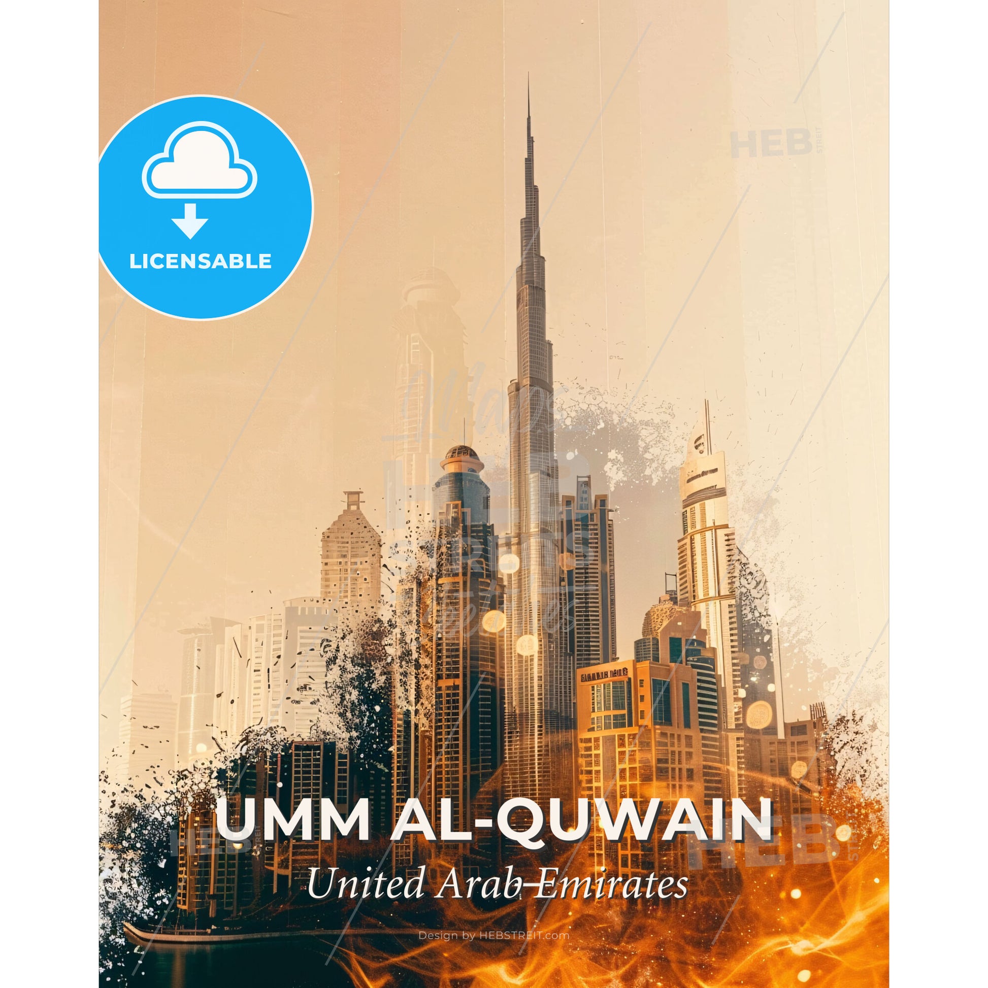 Umm al-Quwain Skyline Cityscape Art Poster - A city skyline with a tall tower - Square format print template