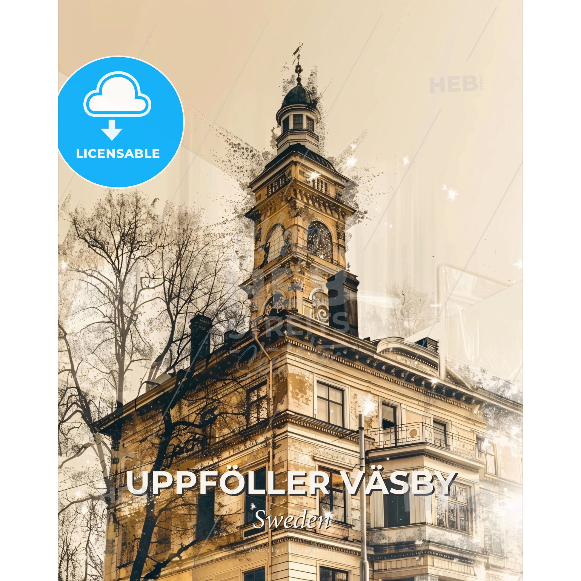 Upplands Väsby City Skyline Beige Minimalist - A building with a tower - Square format print template
