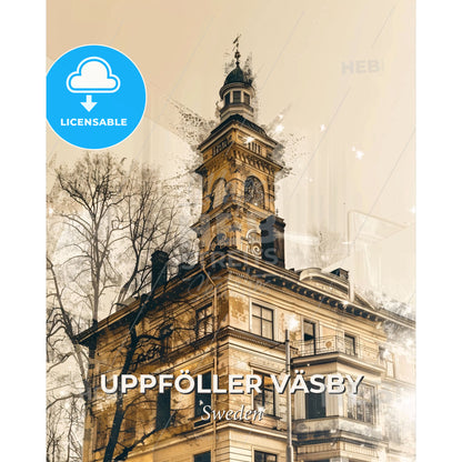 Upplands Väsby City Skyline Beige Minimalist - A building with a tower - Square format print template