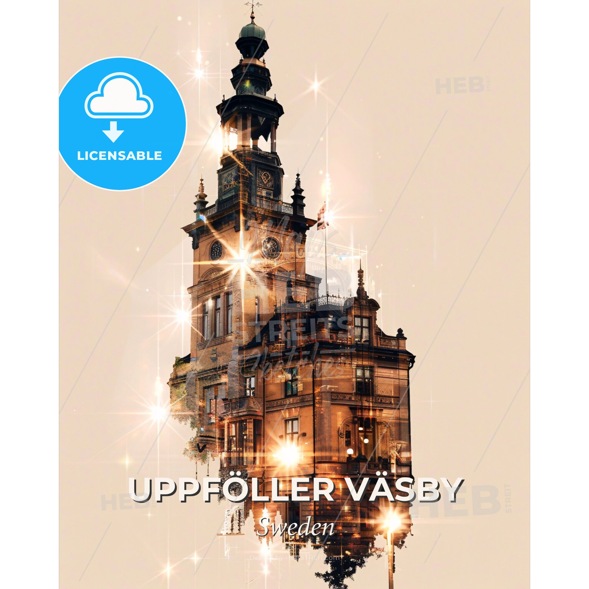 Upplands Väsby Skyline, Poster Art Composite - A building with a clock tower - Square format print template