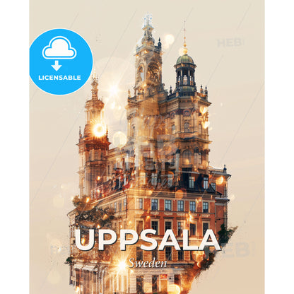 Uppsala: Double-Exposure City Skyline Poster - A building with a tower and a clock tower - Square format print template