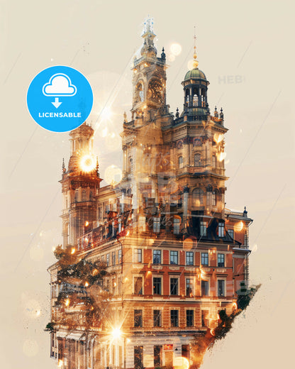 Uppsala: Double-Exposure City Skyline Poster - A building with a tower and a clock tower