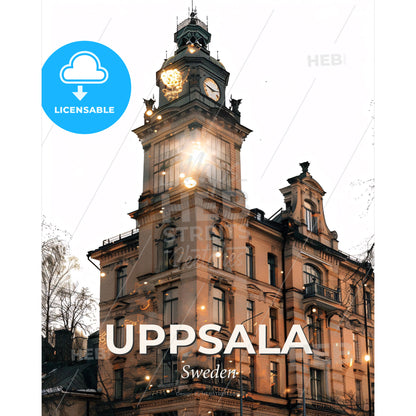 Uppsala: City Skyline Double Exposure Glow - A building with a clock tower - Square format print template
