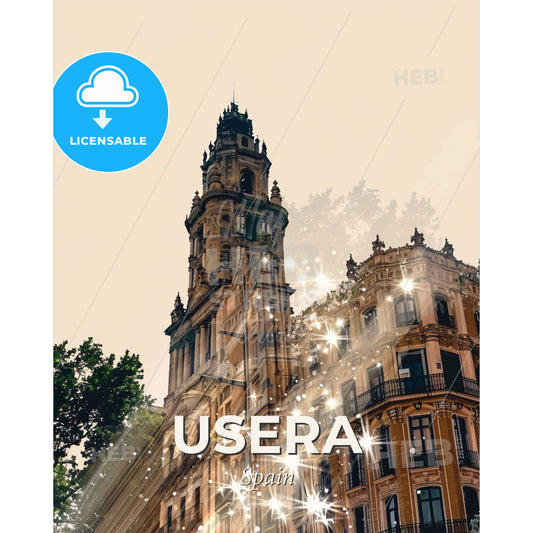Usera Skyline Double Exposure Art Poster - A building with a tower and trees - Square format print template