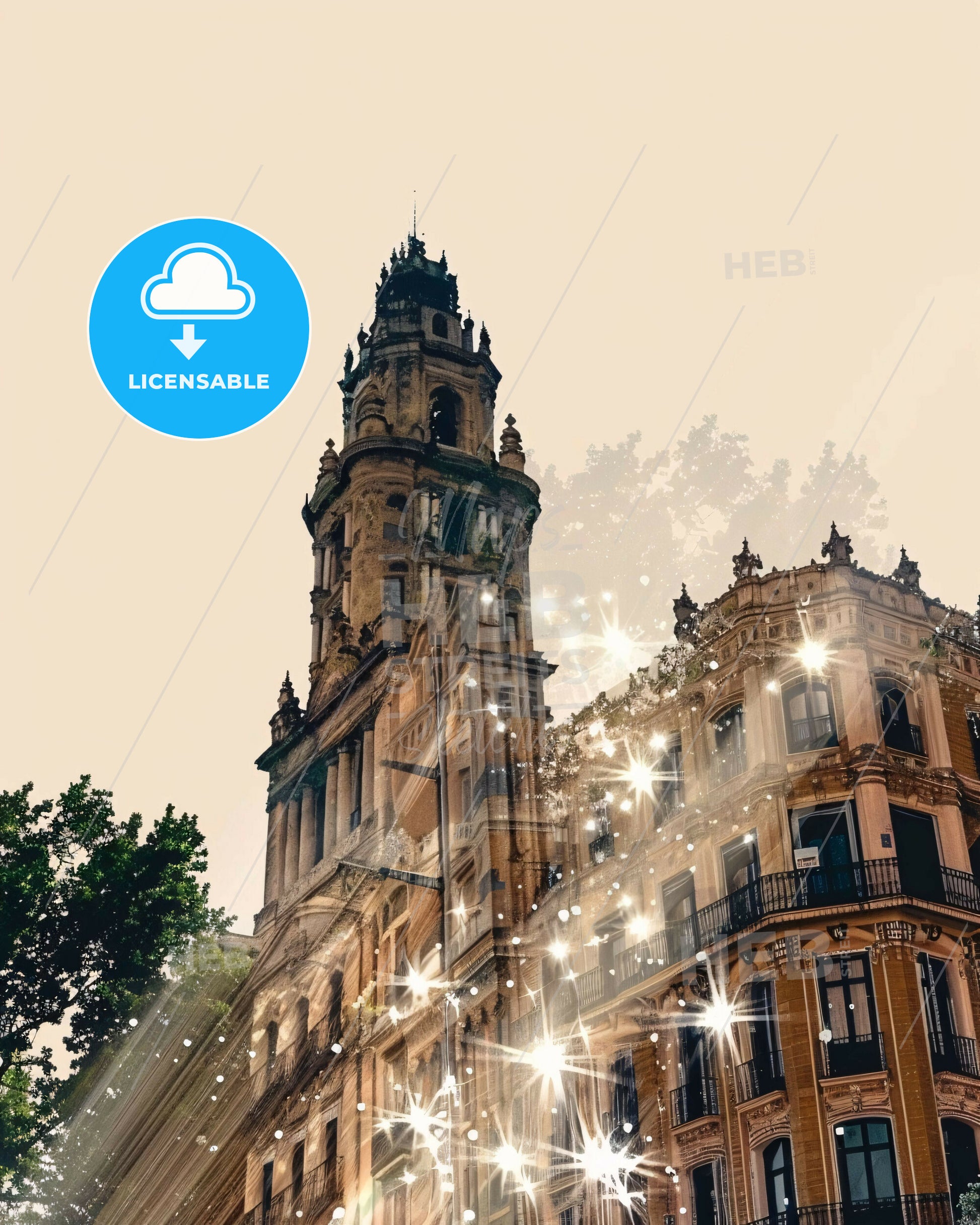 Usera Skyline Double Exposure Art Poster - A building with a tower and trees