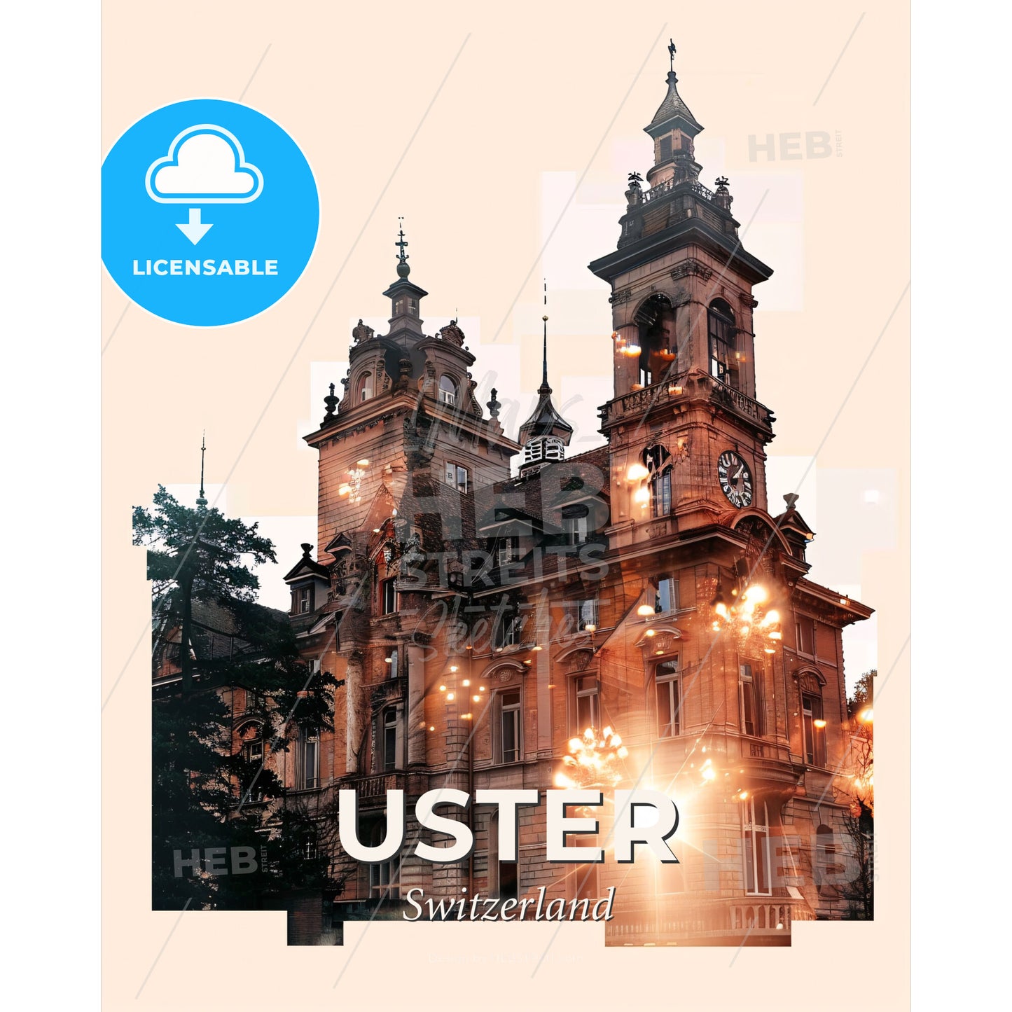 Uster Skyline Double Exposure Art Poster - A building with a clock tower - Square format print template