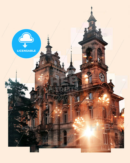 Uster Skyline Double Exposure Art Poster - A building with a clock tower