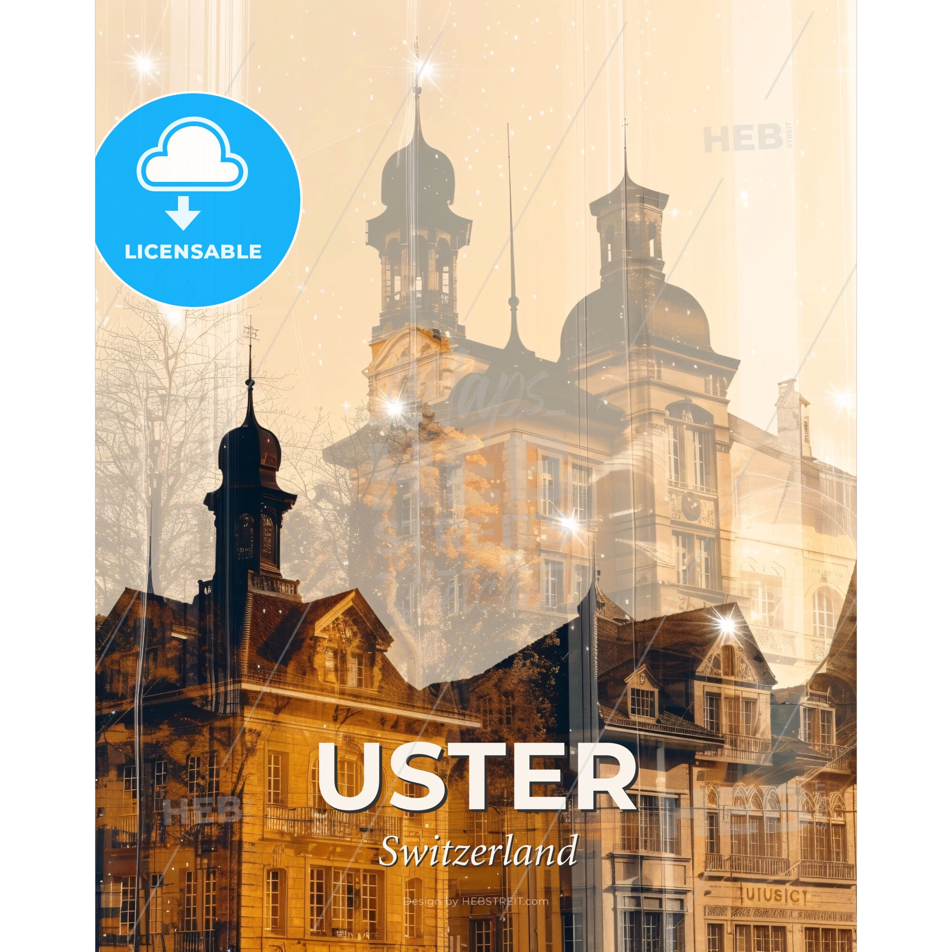Uster Switzerland Skyline Composite Art Poster - A building with towers and spires - Square format print template