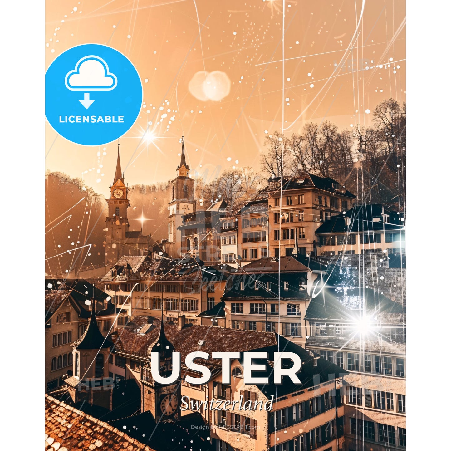 Uster Double Exposure Cityscape Poster Art - A city with many buildings and a clock tower - Square format print template
