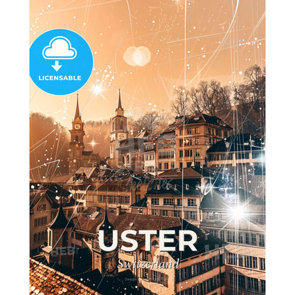 Uster Double Exposure Cityscape Poster Art - A city with many buildings and a clock tower - Square format print template