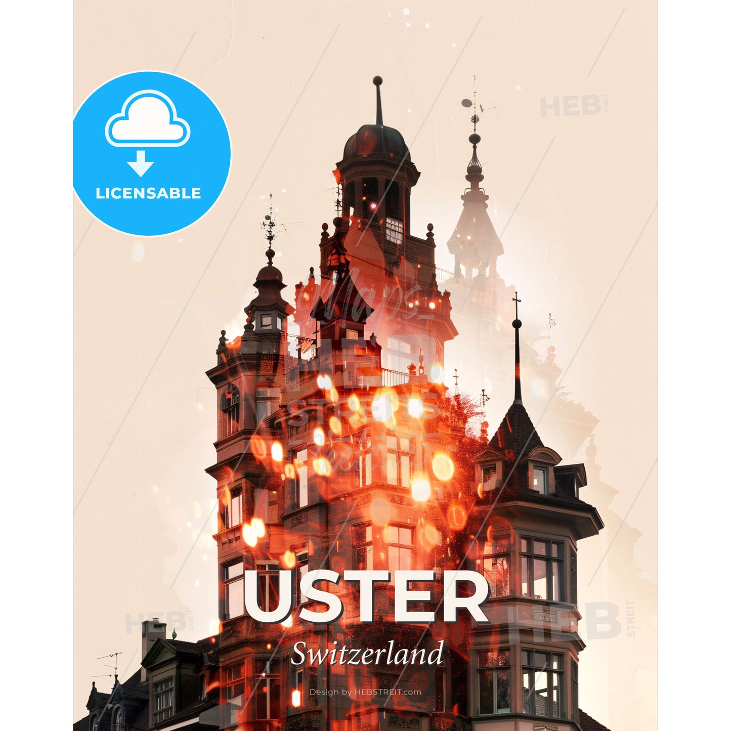 Uster City Skyline Art Poster in Beige - A building with a tower and a fire - Square format print template