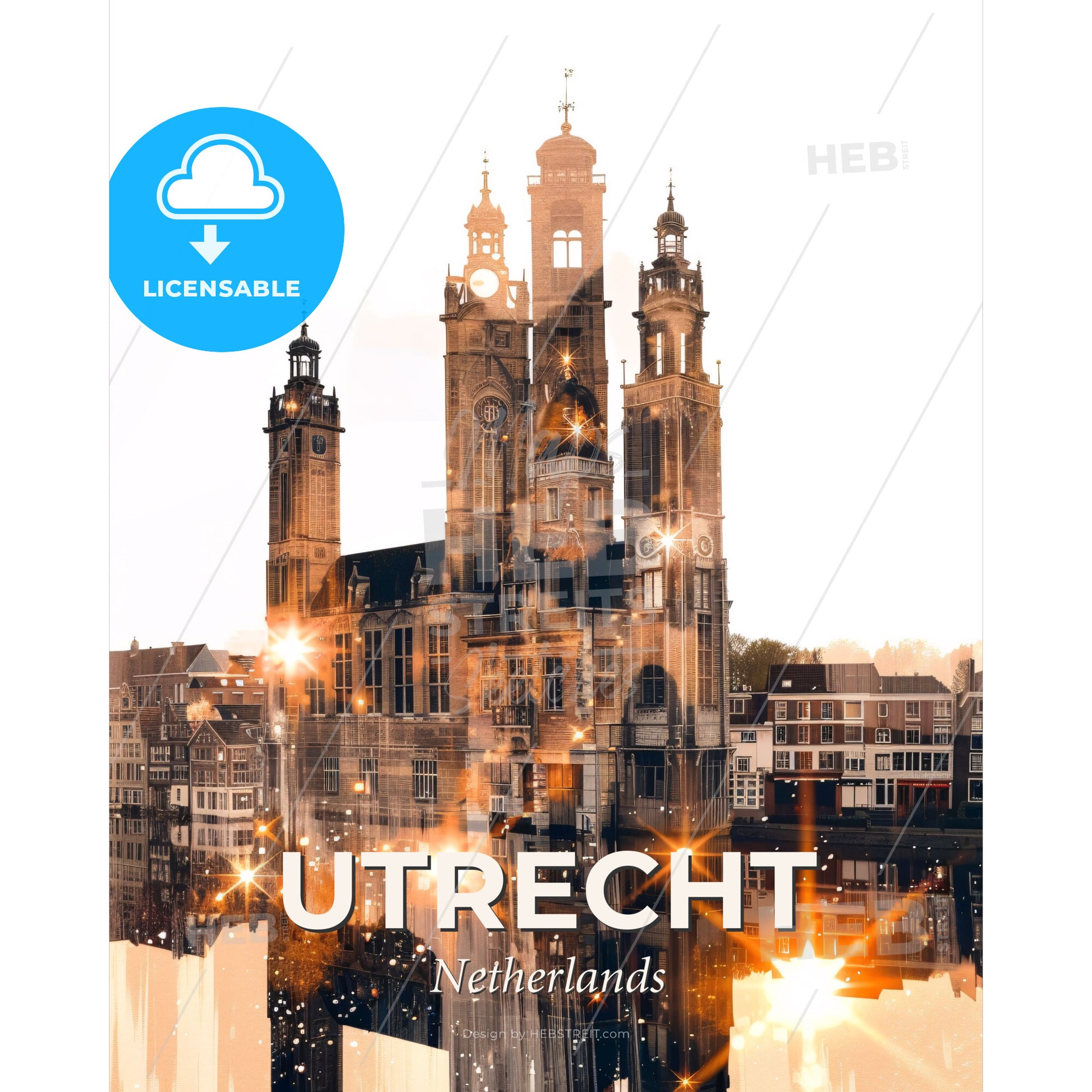 Utrecht: Double Exposure City Art Skyline Poster - A building with towers and lights - Square format print template
