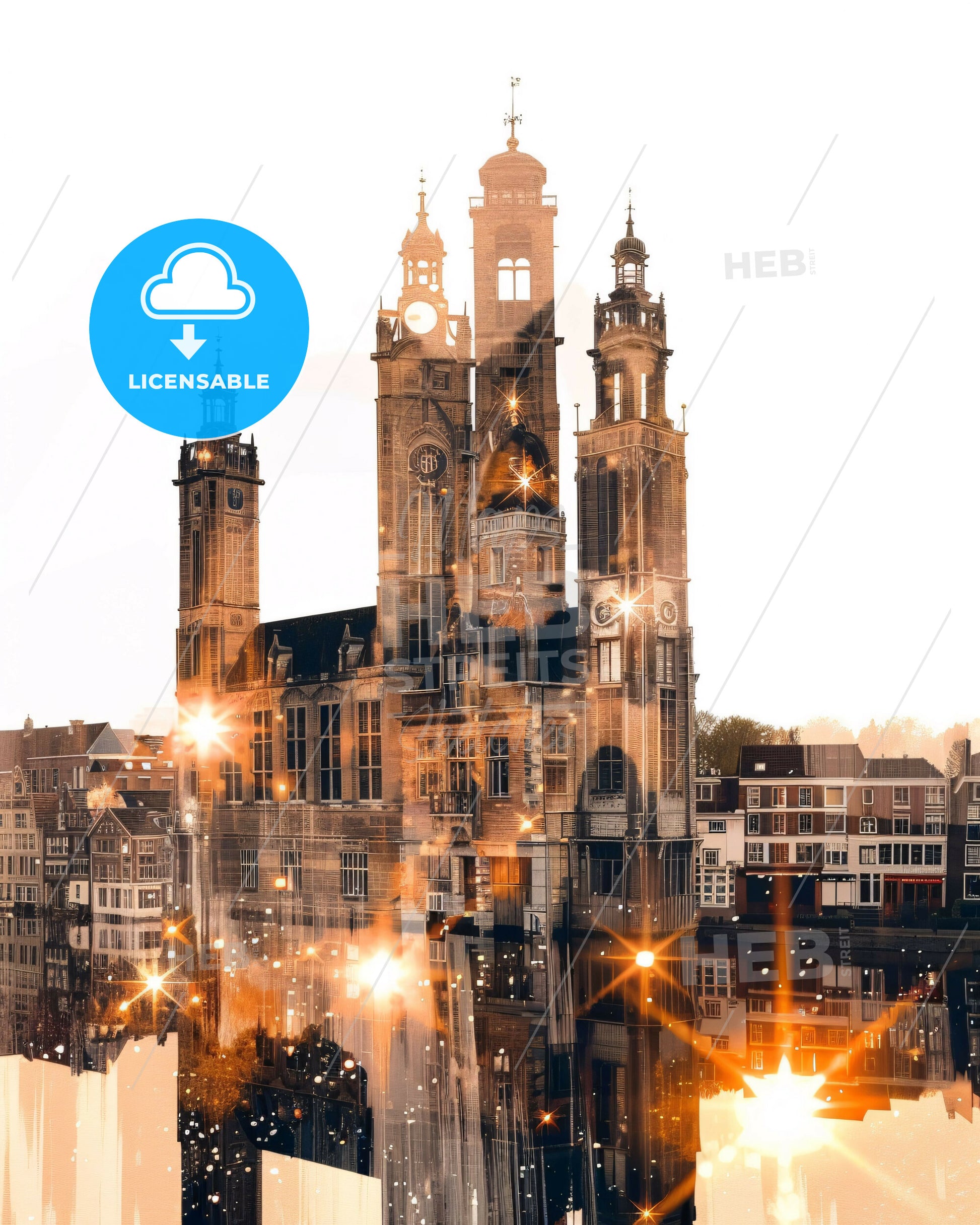 Utrecht: Double Exposure City Art Skyline Poster - A building with towers and lights