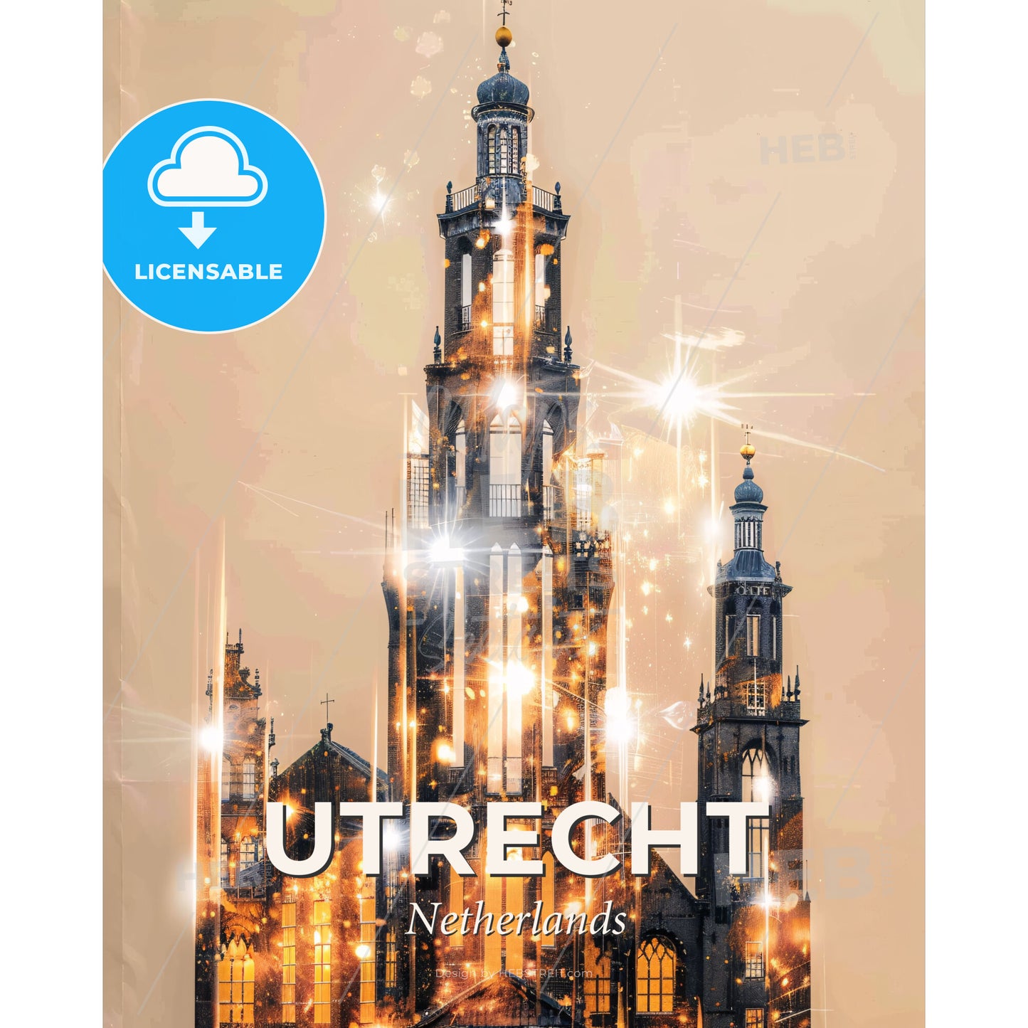 Utrecht Double Exposure Panorama Cityscape - A building with lights and stars - Square format print template