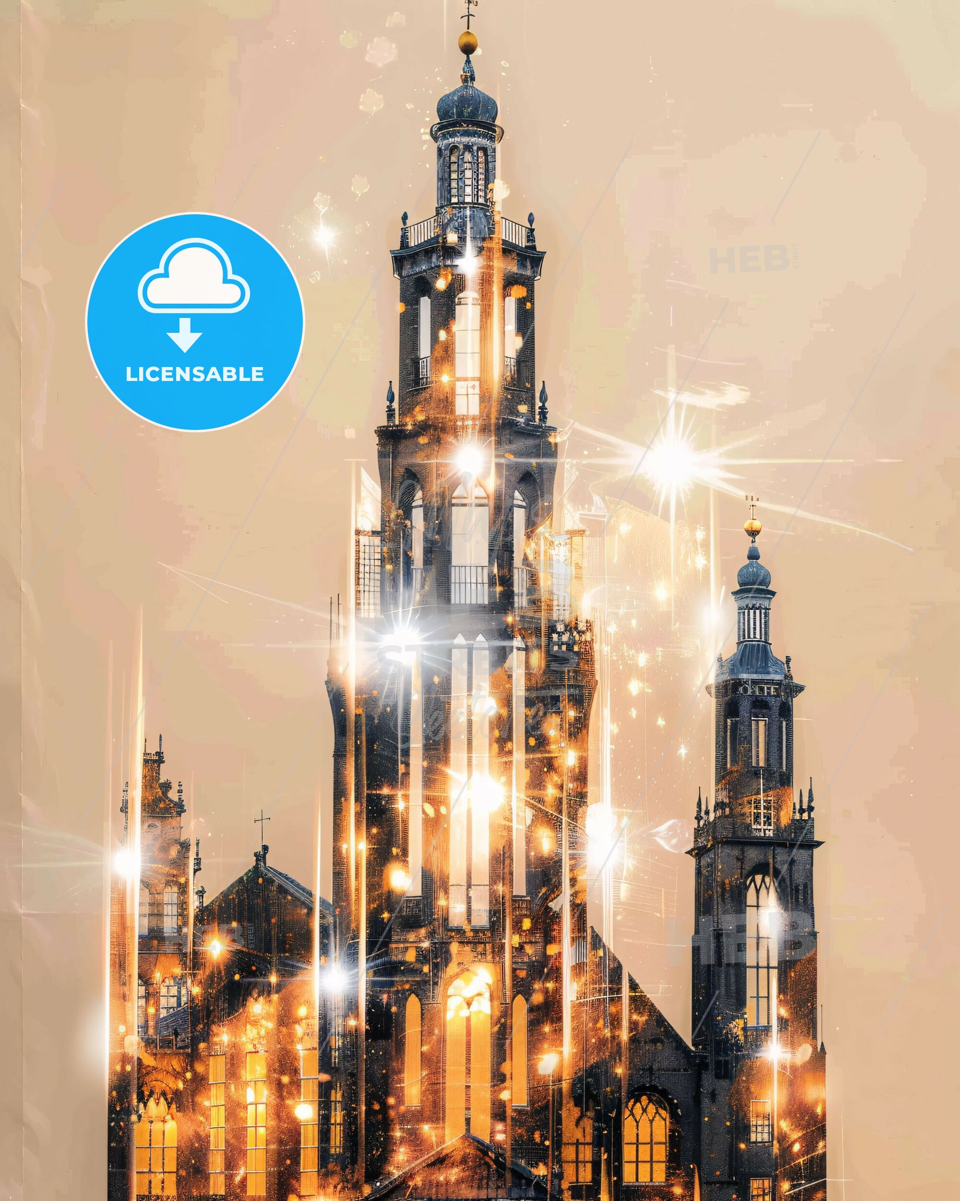 Utrecht Double Exposure Panorama Cityscape - A building with lights and stars