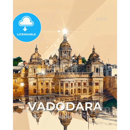 Vadodara Skyline Composite Double Exposure Poster - A building with a large dome and a large body of water - Square format print template