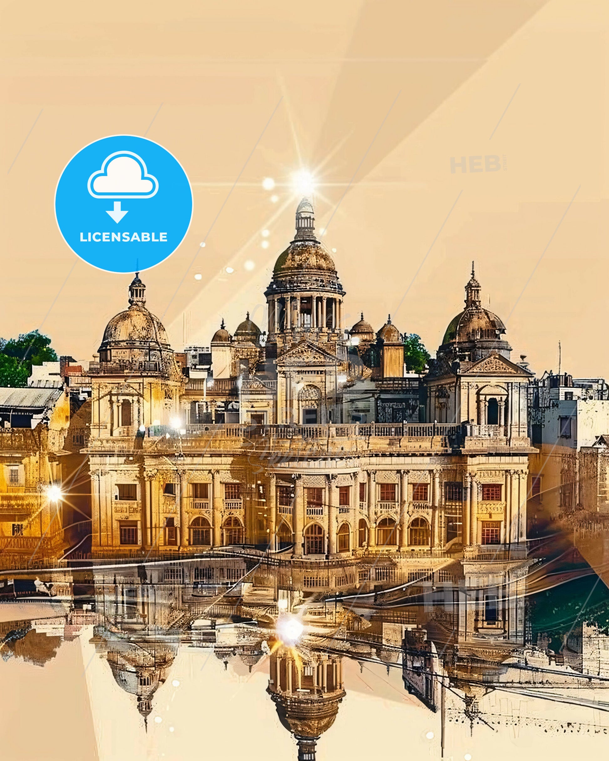 Vadodara Skyline Composite Double Exposure Poster - A building with a large dome and a large body of water