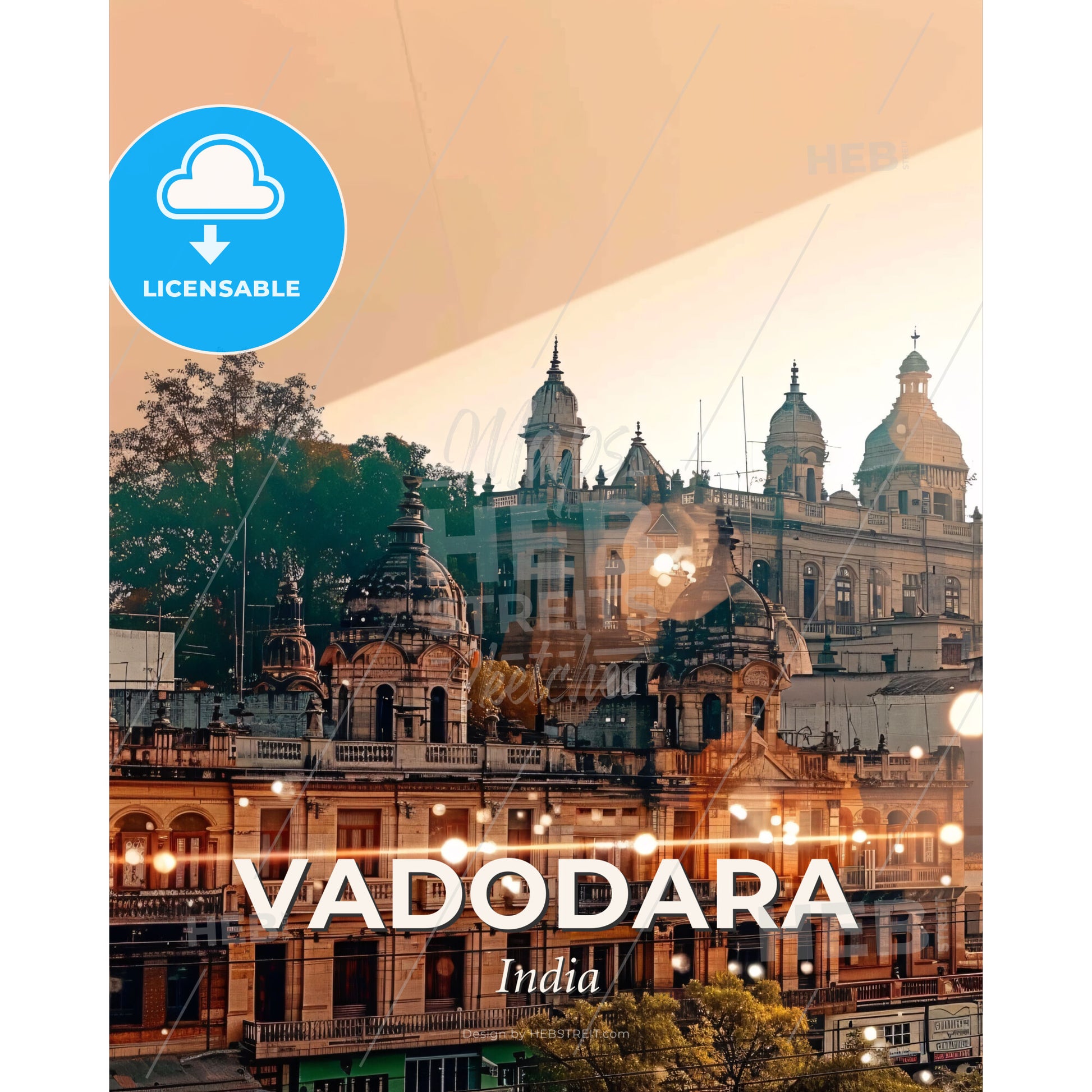 Vadodara, Double Exposure City Skyline Impression, Beige - A building with many domes and trees - Square format print template