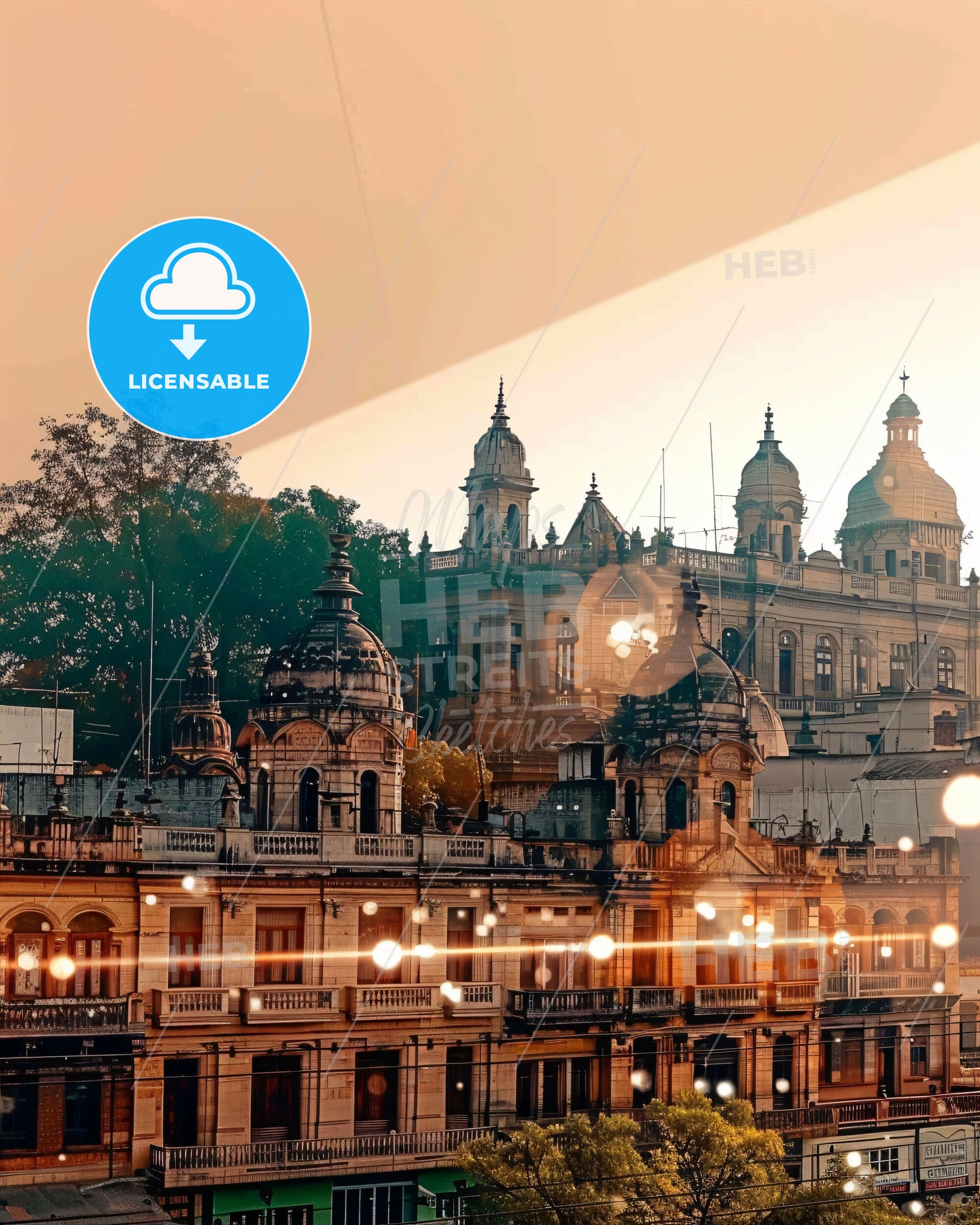 Vadodara, Double Exposure City Skyline Impression, Beige - A building with many domes and trees