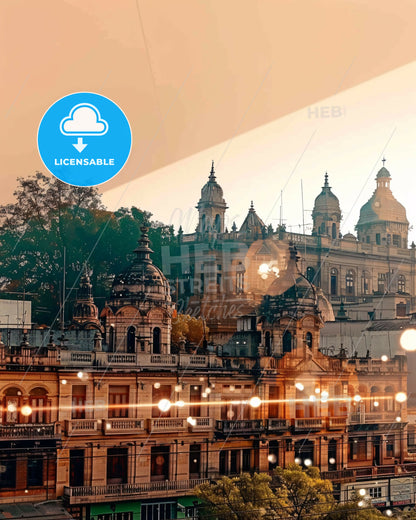 Vadodara, Double Exposure City Skyline Impression, Beige - A building with many domes and trees