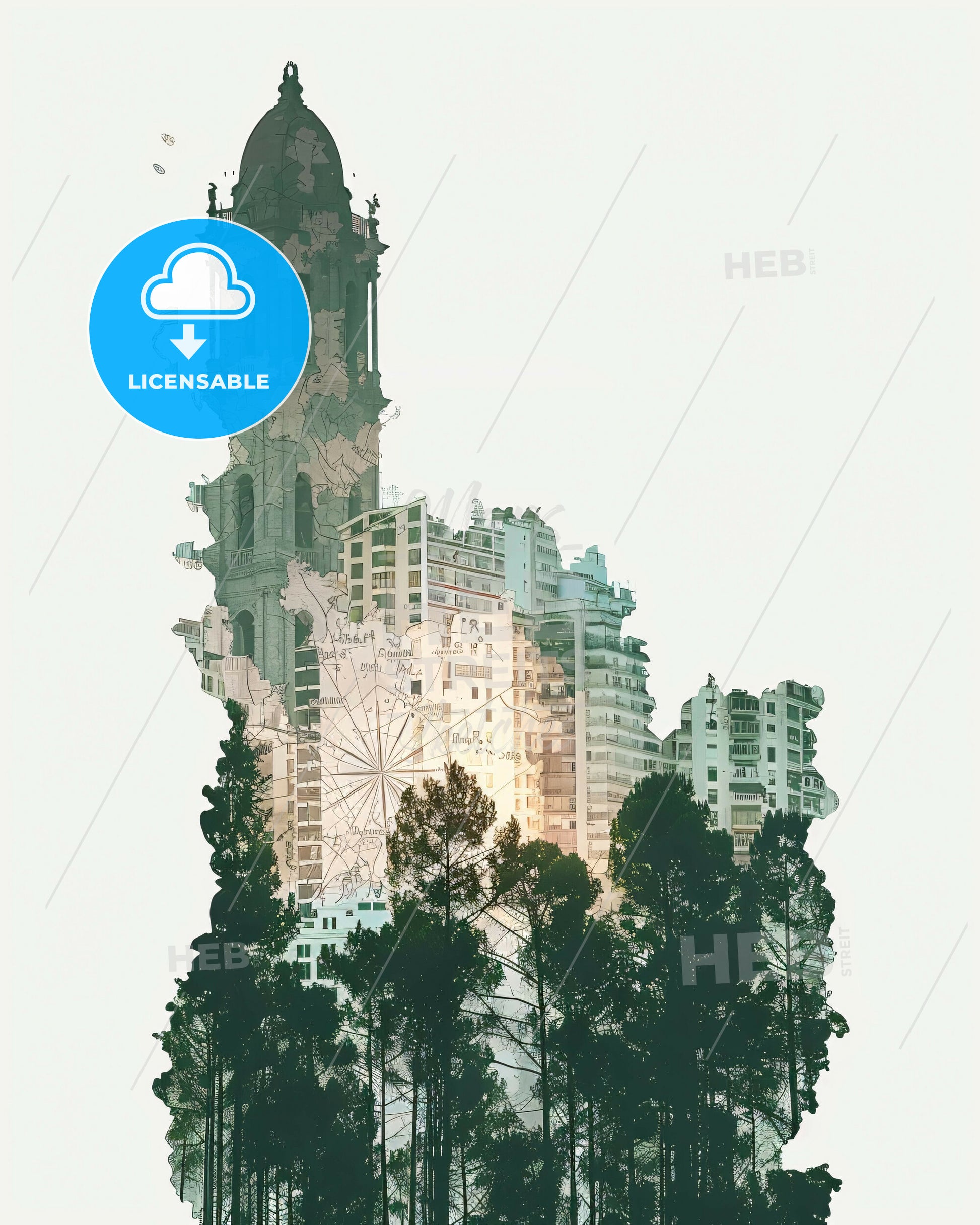 Valencia Double Exposure Skyline Art Poster - A tall building with trees