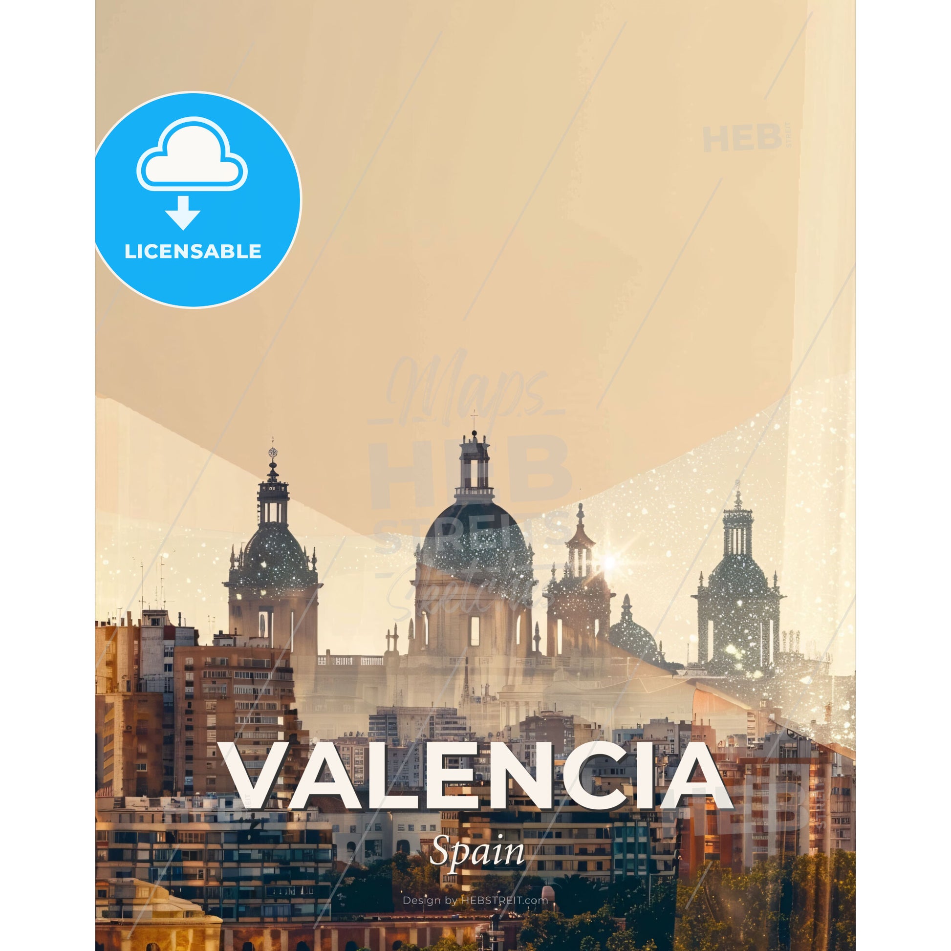 Valencia City Skyline Double Exposure Composite - A city skyline with a large building - Square format print template