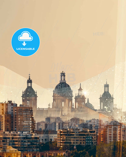 Valencia City Skyline Double Exposure Composite - A city skyline with a large building