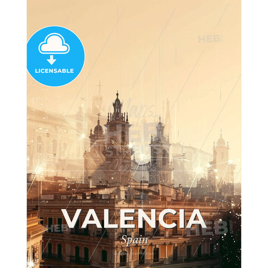 Valencia: Double Exposure Skyline City Art - A building with many towers and many windows - Square format print template