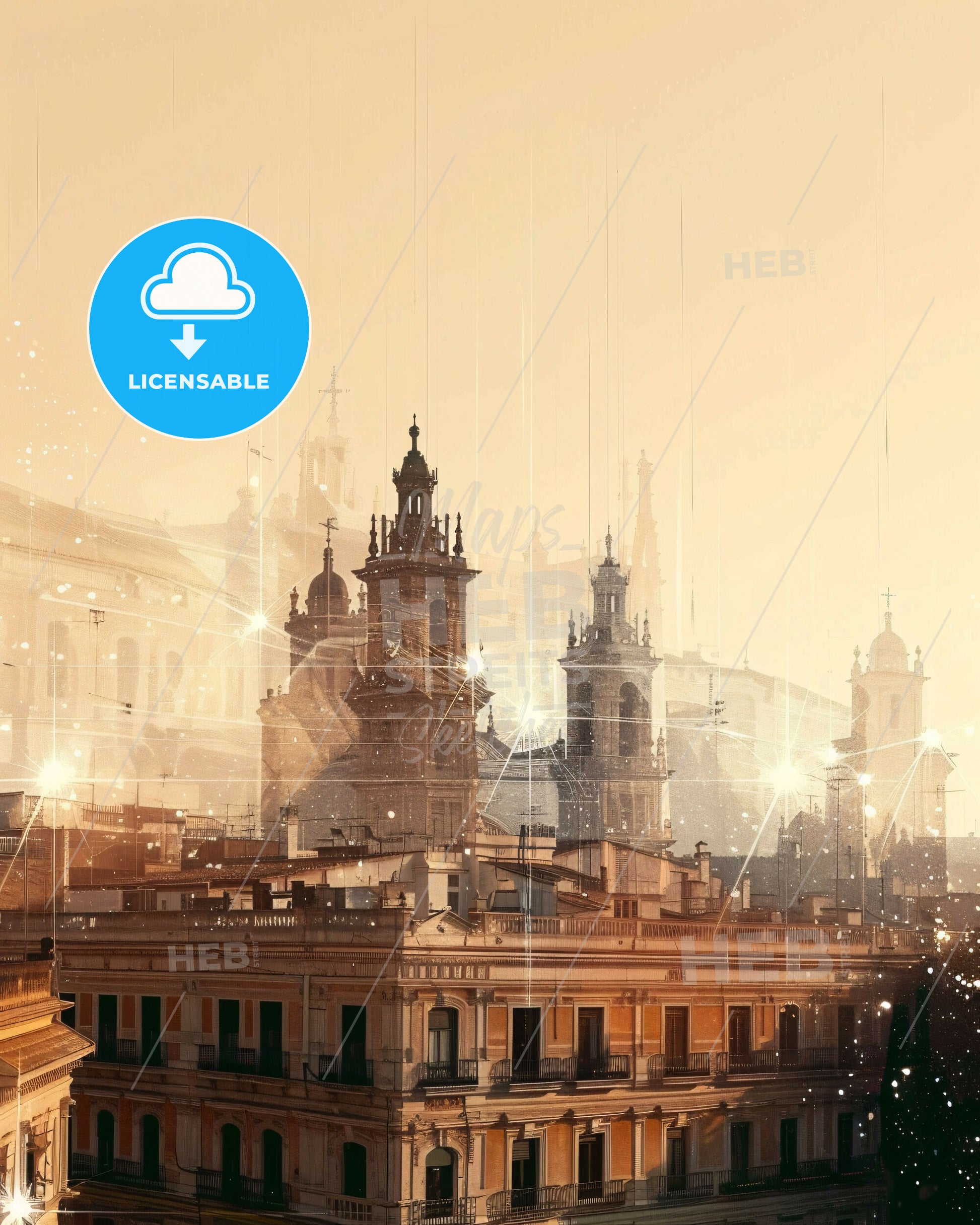 Valencia: Double Exposure Skyline City Art - A building with many towers and many windows