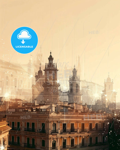 Valencia: Double Exposure Skyline City Art - A building with many towers and many windows