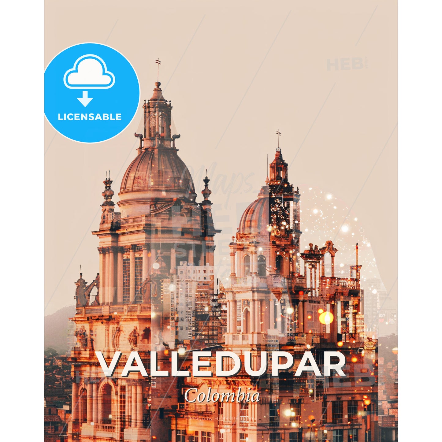 Valledupar Skyline Icons Bright Poster Art - A double exposure of a building - Square format print template