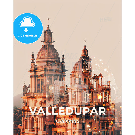 Valledupar Skyline Icons Bright Poster Art - A double exposure of a building - Square format print template