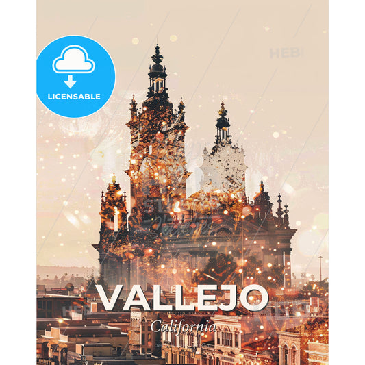 Vallejo Skyline: Double Exposure Cityscape - A large building with towers and spires - Square format print template