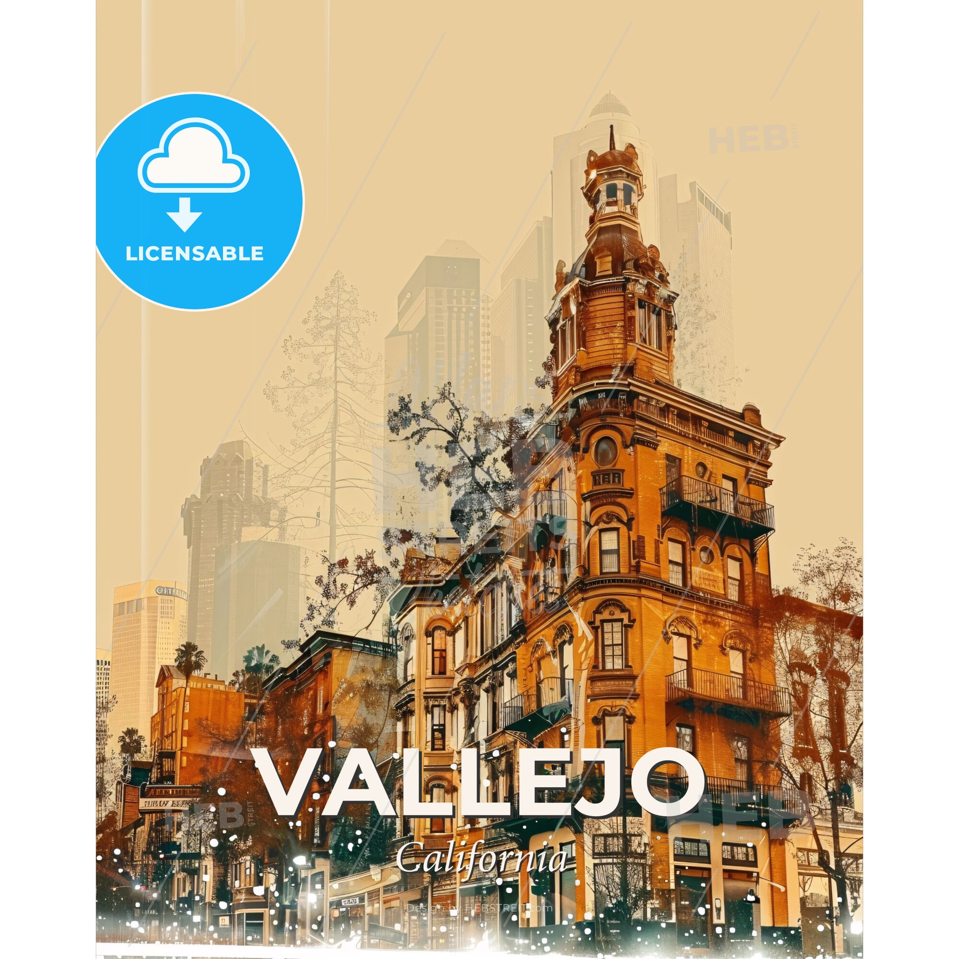 Vallejo Cityscape Art Deco Fusion - A building with a tower and a city skyline - Square format print template