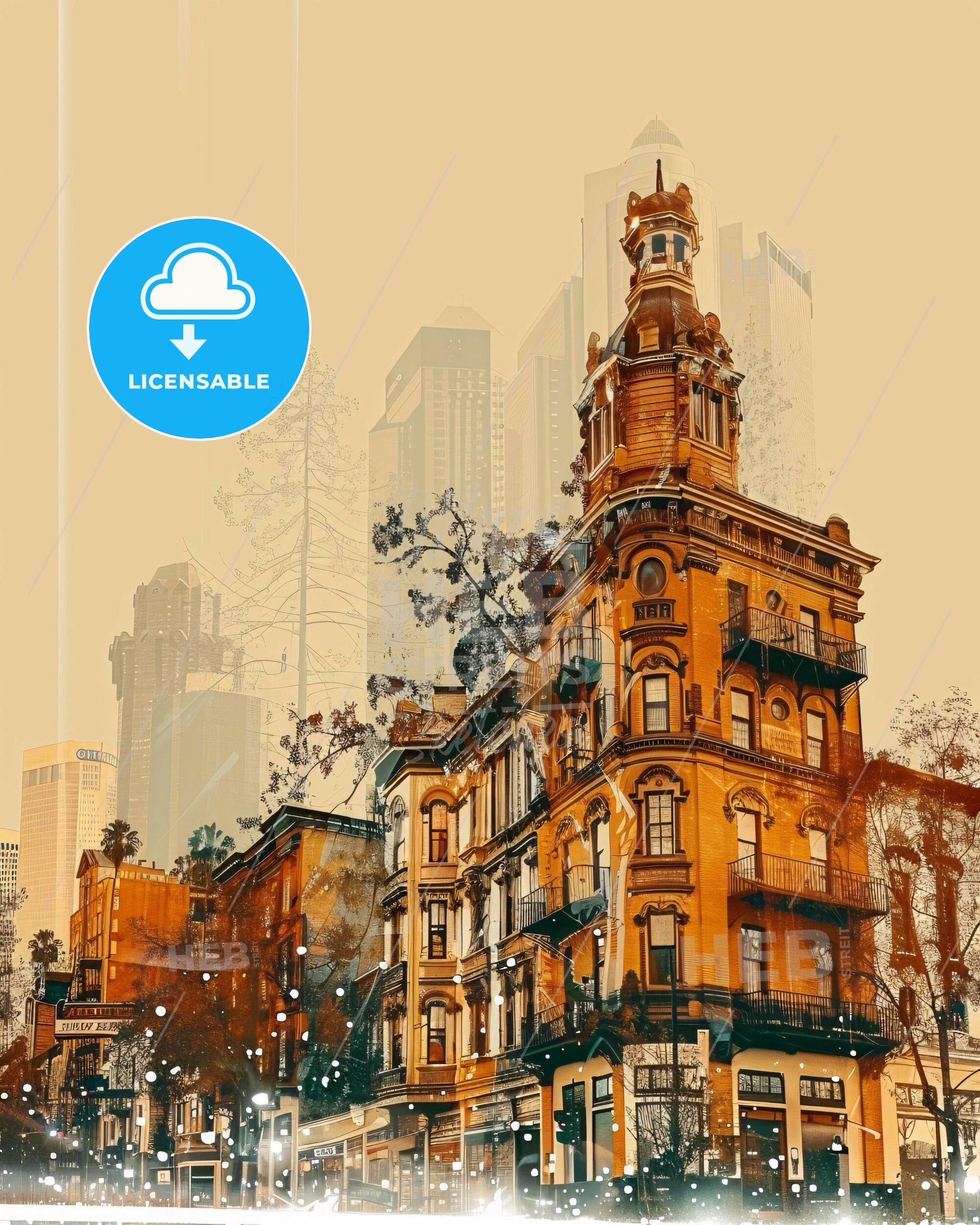 Vallejo Cityscape Art Deco Fusion - A building with a tower and a city skyline