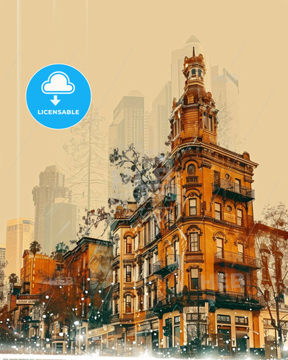 Vallejo Cityscape Art Deco Fusion - A building with a tower and a city skyline