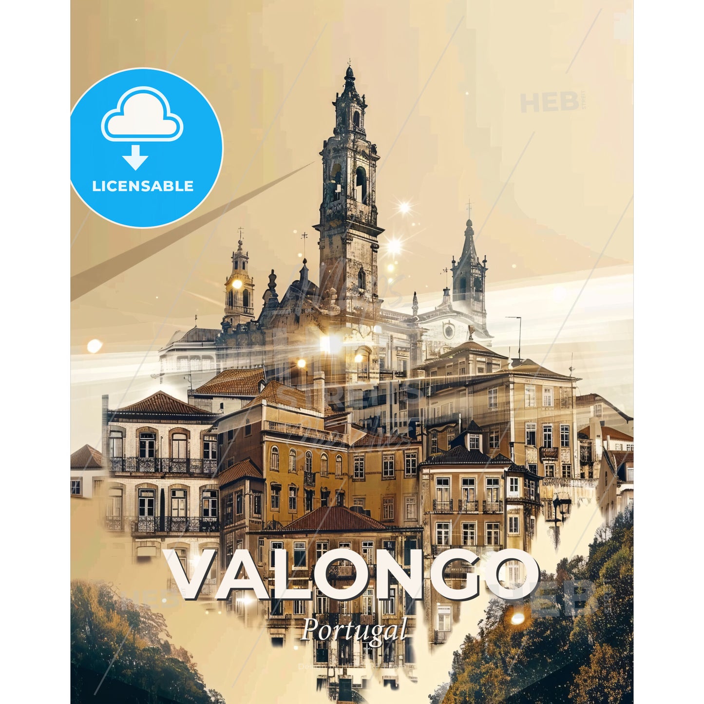 Valongo Double Exposure Skyline Art - A building with a tower - Square format print template