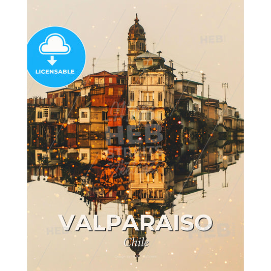 Valparaiso Cityscape Double Exposure Poster - A group of buildings reflected in water - Square format print template