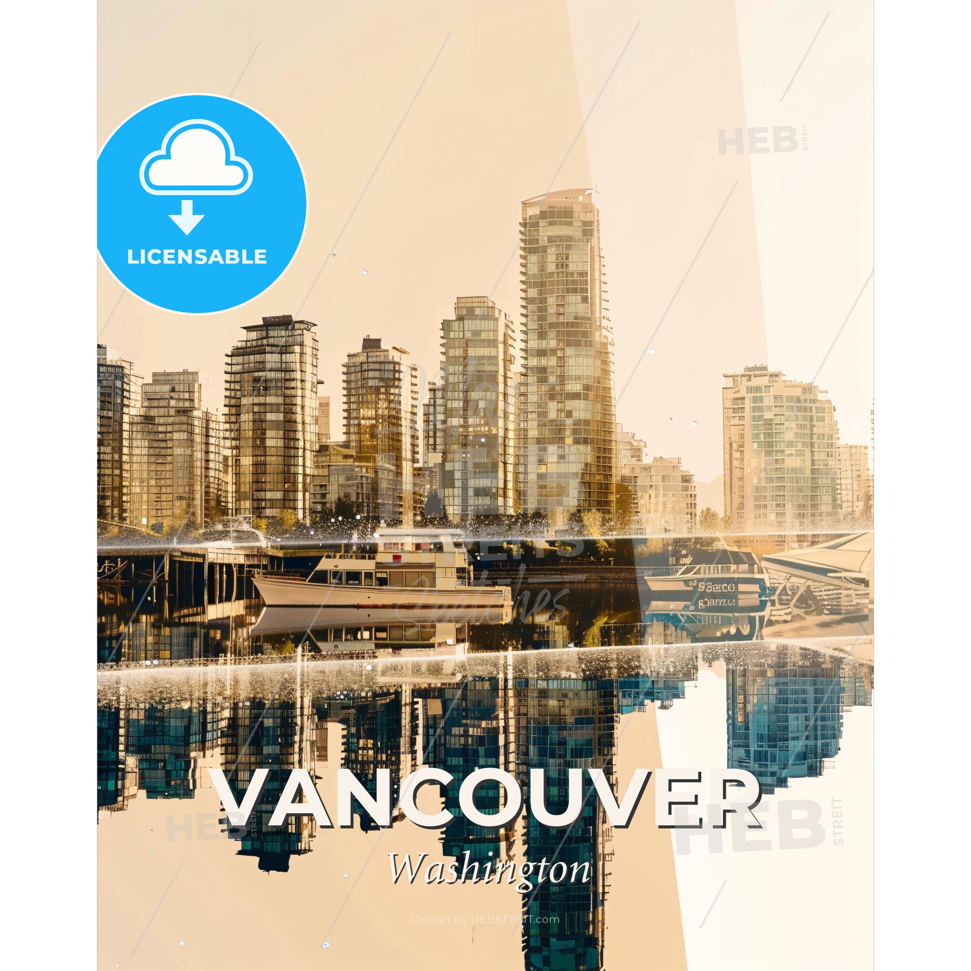 Vancouver Skyline Double Exposure Art - A city skyline with boats and buildings reflected in water - Square format print template