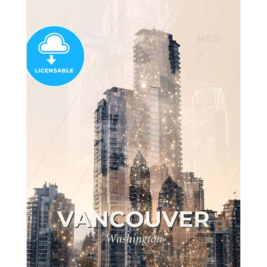 Vancouver Cityscape Sparkles on Beige - A city skyline with many tall buildings - Square format print template