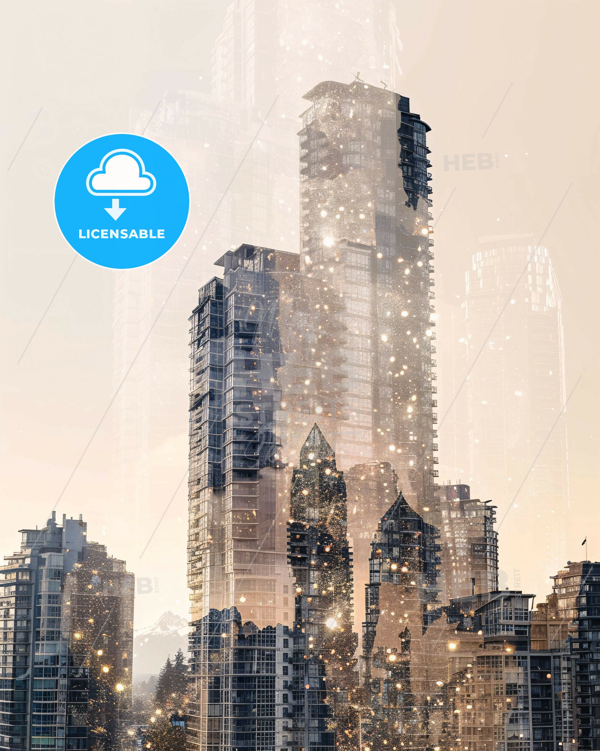Vancouver Cityscape Sparkles on Beige - A city skyline with many tall buildings