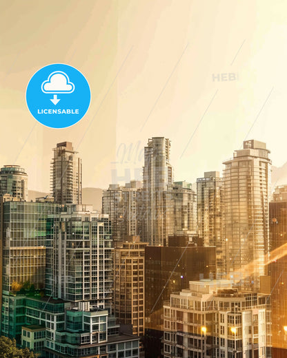 Vancouver Skyline Double Exposure City Poster - A city skyline with many tall buildings