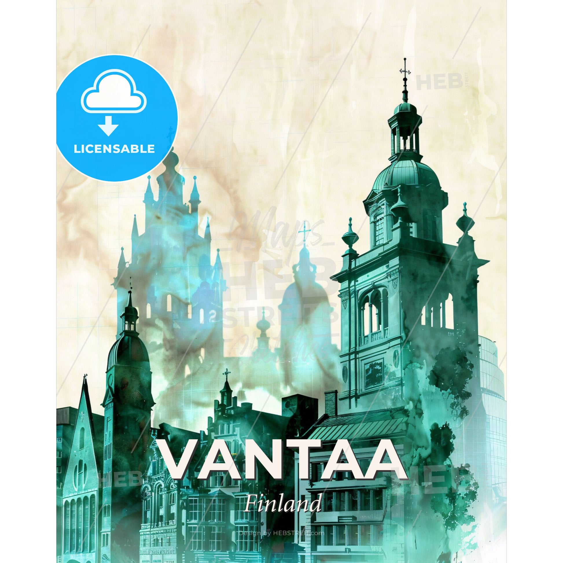 Vantaa Skyline Poster: Blue-Green Duo - A group of buildings with towers - Square format print template