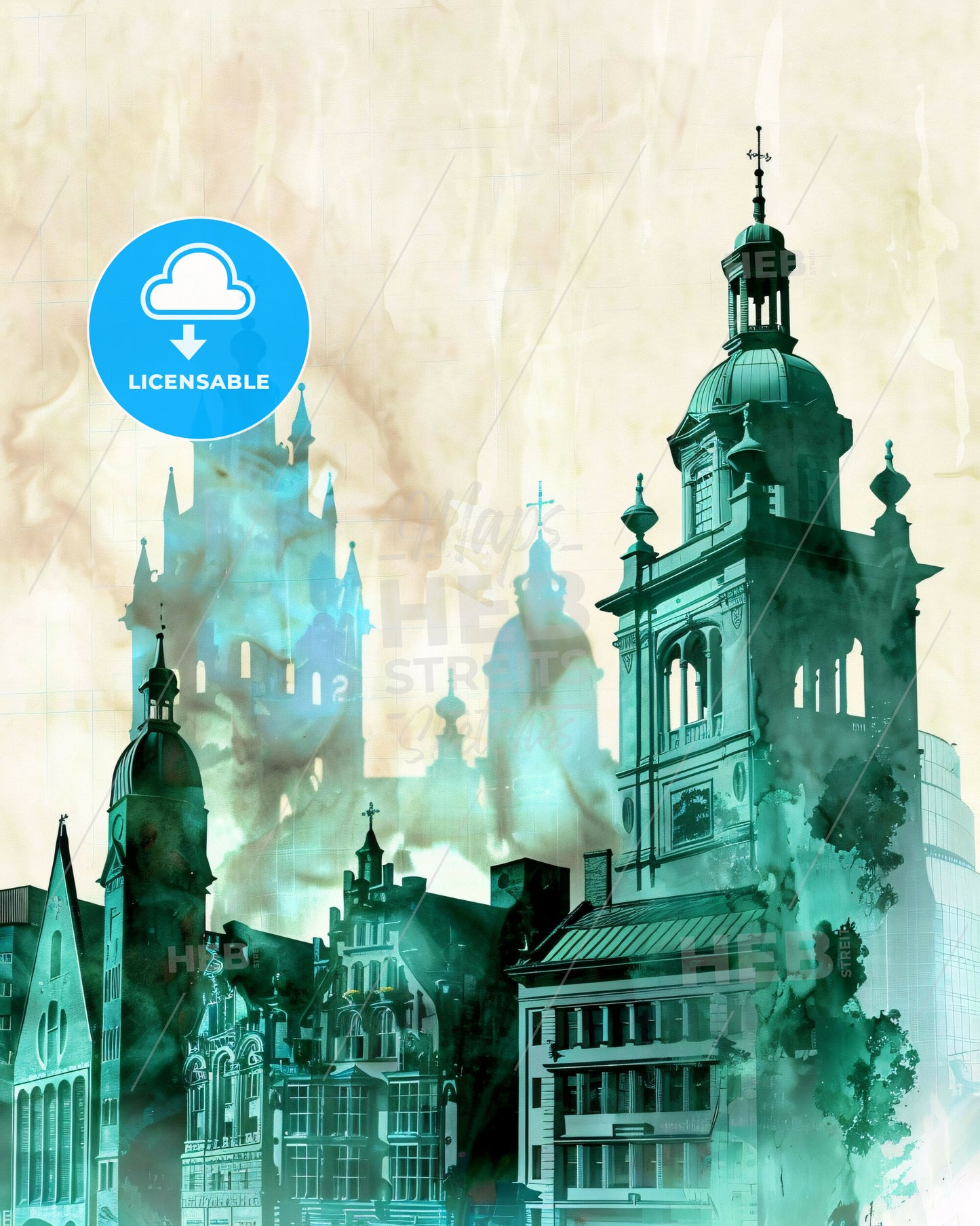 Vantaa Skyline Poster: Blue-Green Duo - A group of buildings with towers